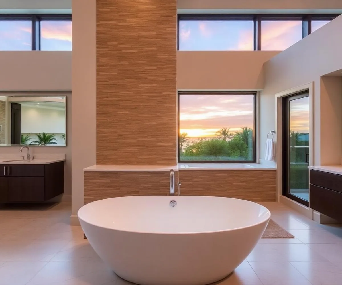 Freestanding soaking tub with sunset view