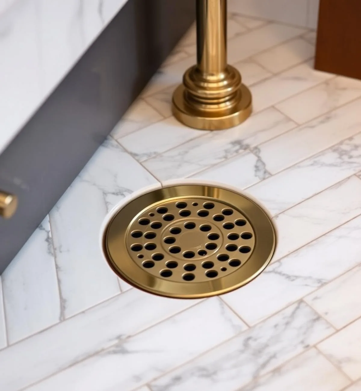 Marble tile detail with brass drain