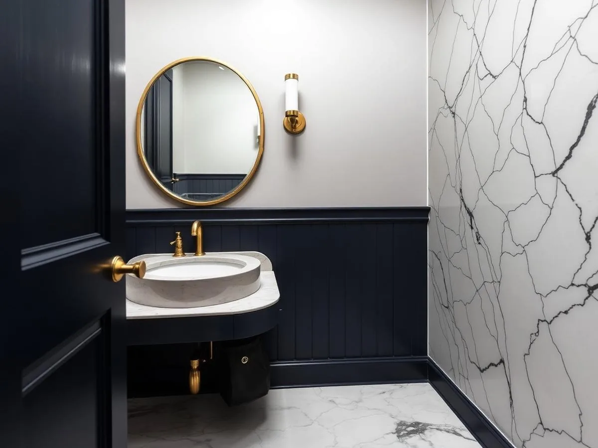 Navy powder room with marble wall